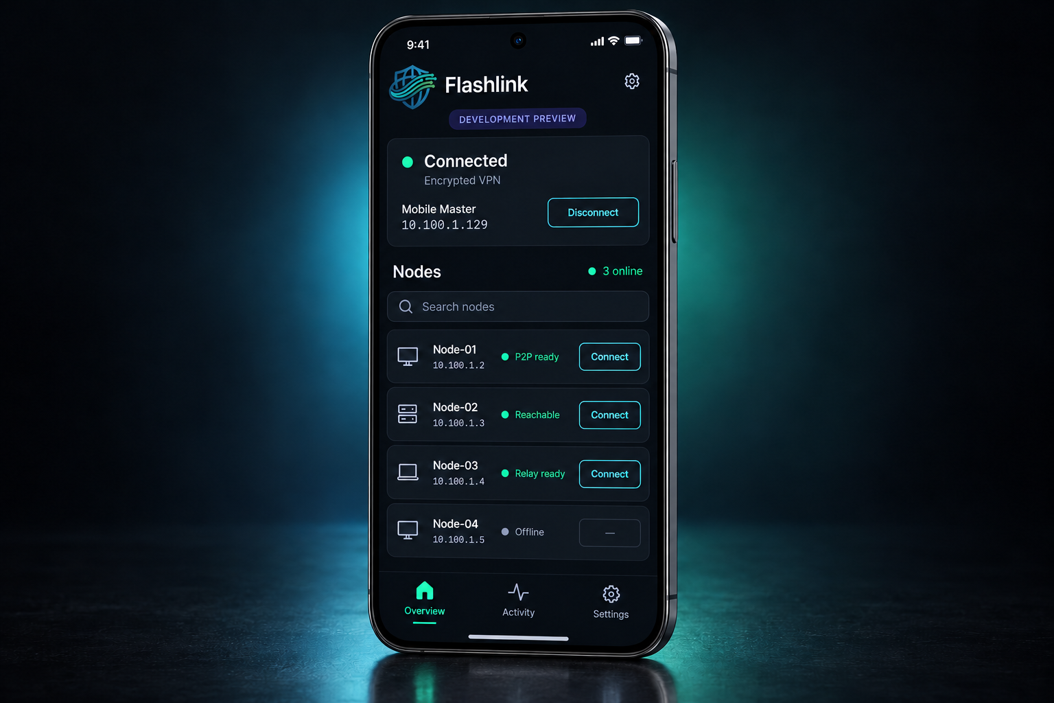 Flashlink mobile app concept showing generic nodes and VPN connection status on a smartphone